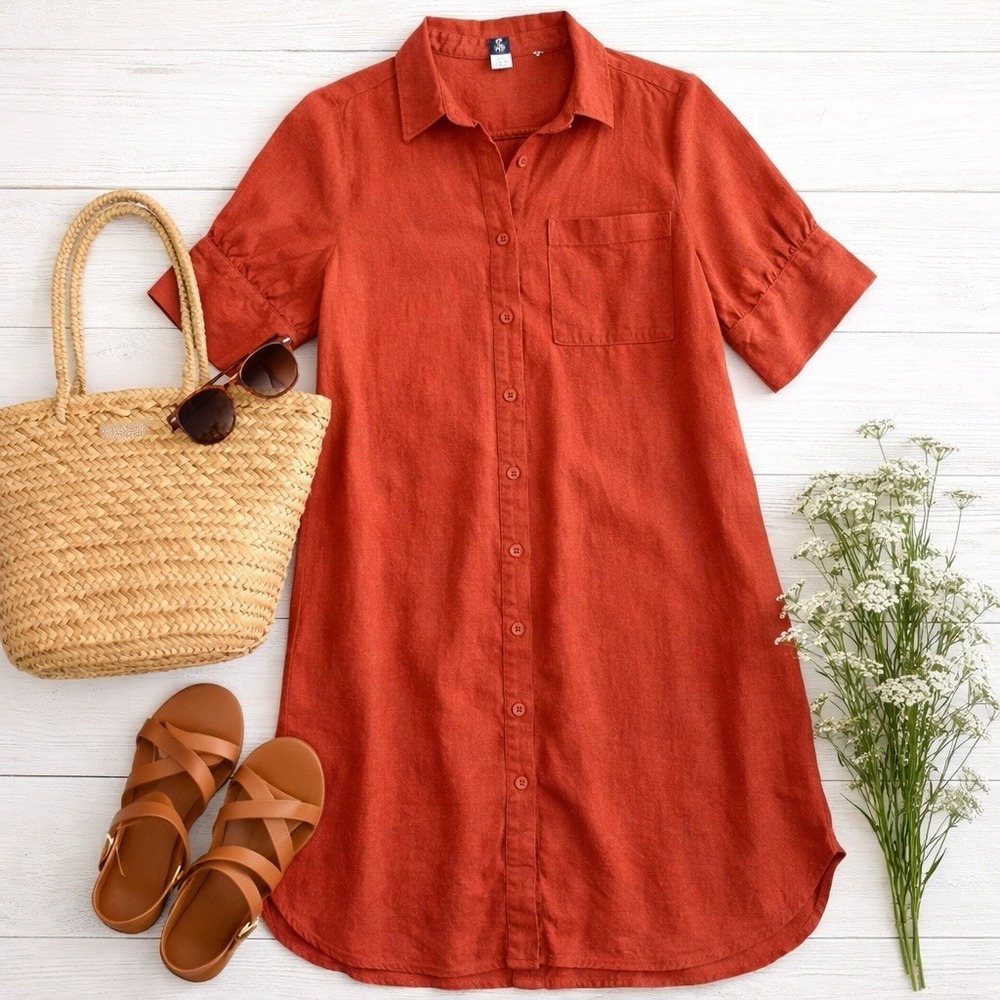 Old Navy Linen-Blend Short-Sleeve Shirt Dress Bronze Amber Sz S Coastal Casual